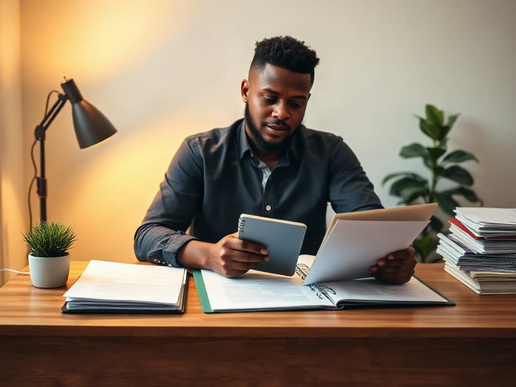 A small-business owner at a clean desk reviewing organized readiness paperwork