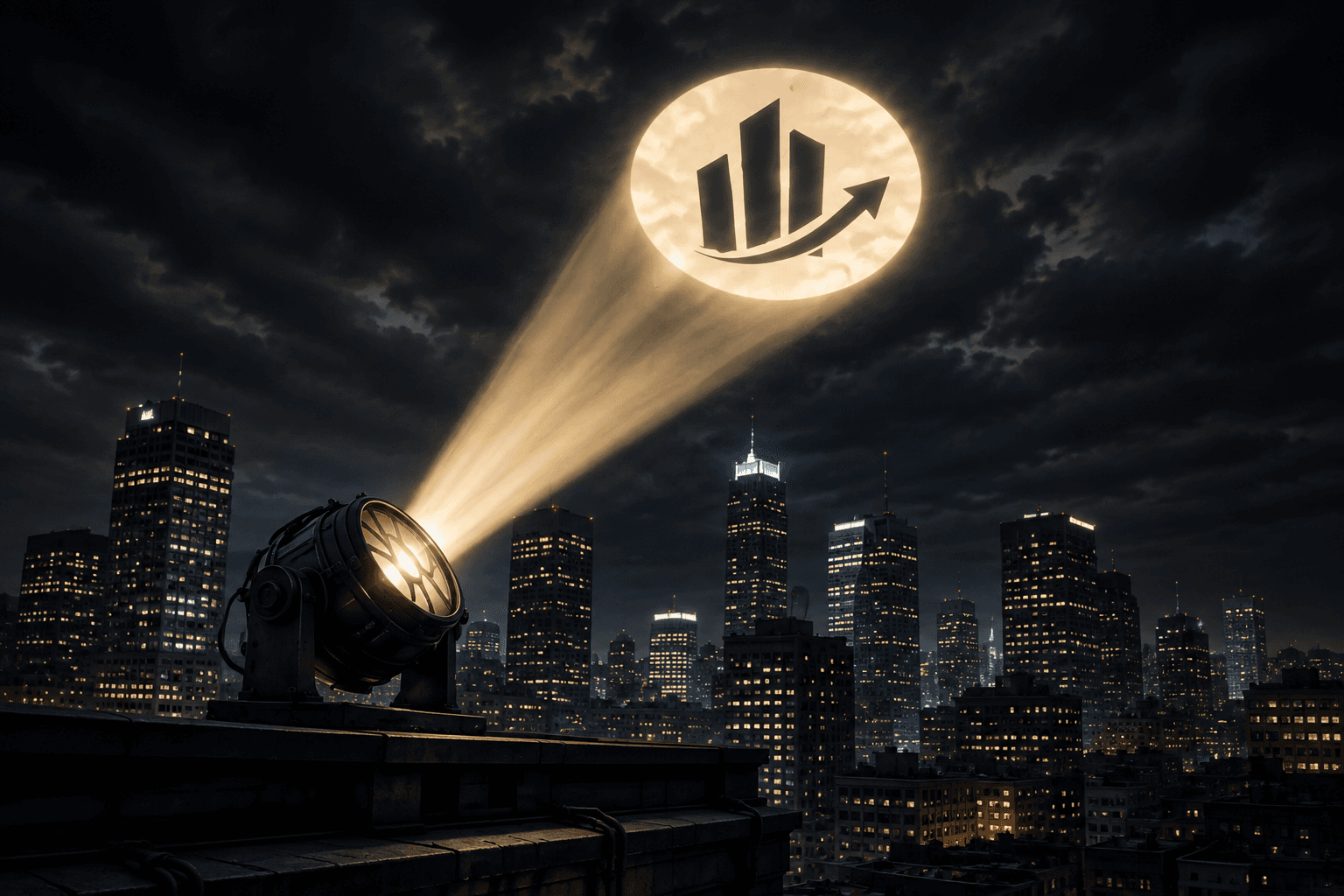Nighttime Level Up signal — illuminated upward-growth symbol with spotlight beam and city skyline.